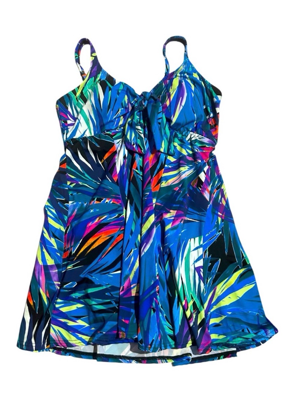 Swim Solutions Bow Front Multicolor Blue Tropical One-Piece Swimdress